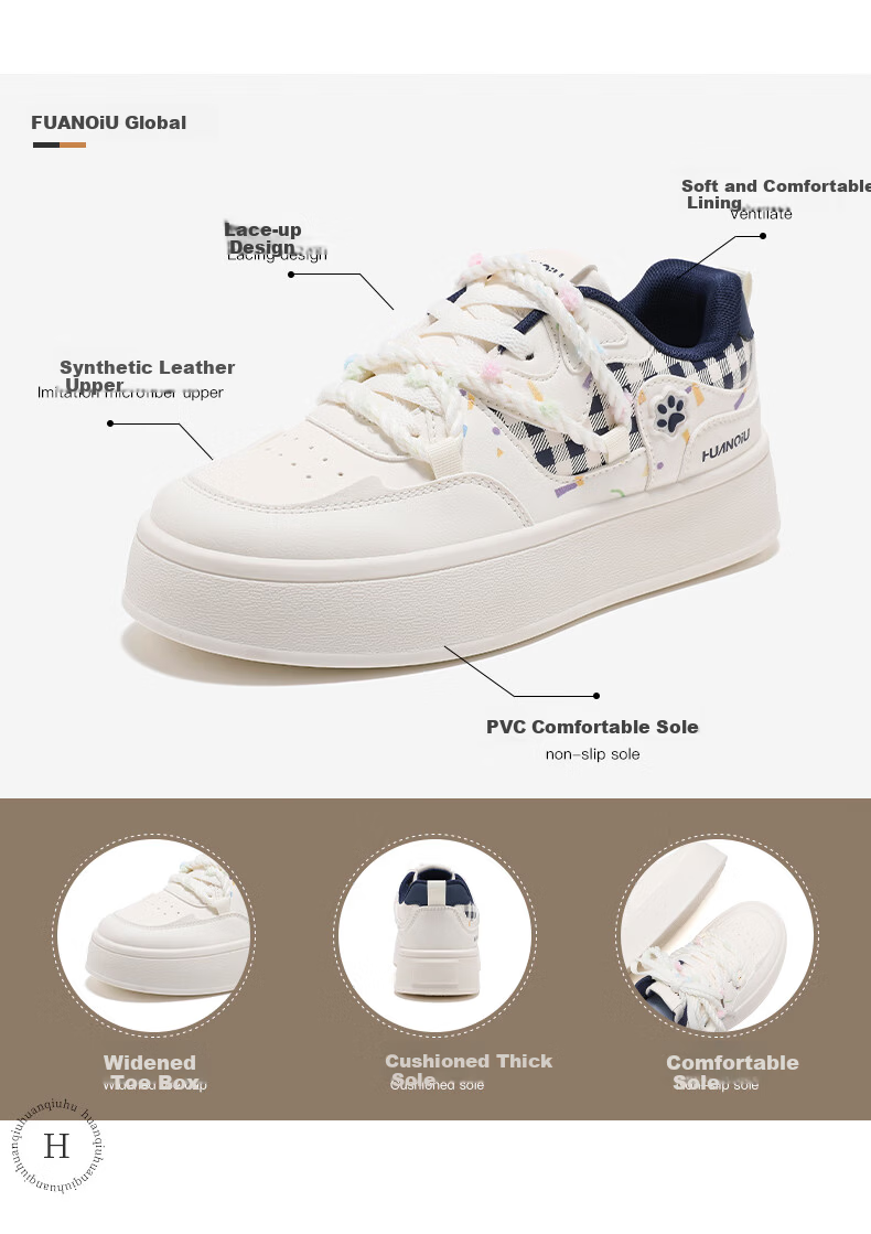 Global New Women's Shoes Artistic Casual Versatile White Sneakers College Style Daily Sneakers XHQ-G1007 Beige Deep Blue Size 39 1