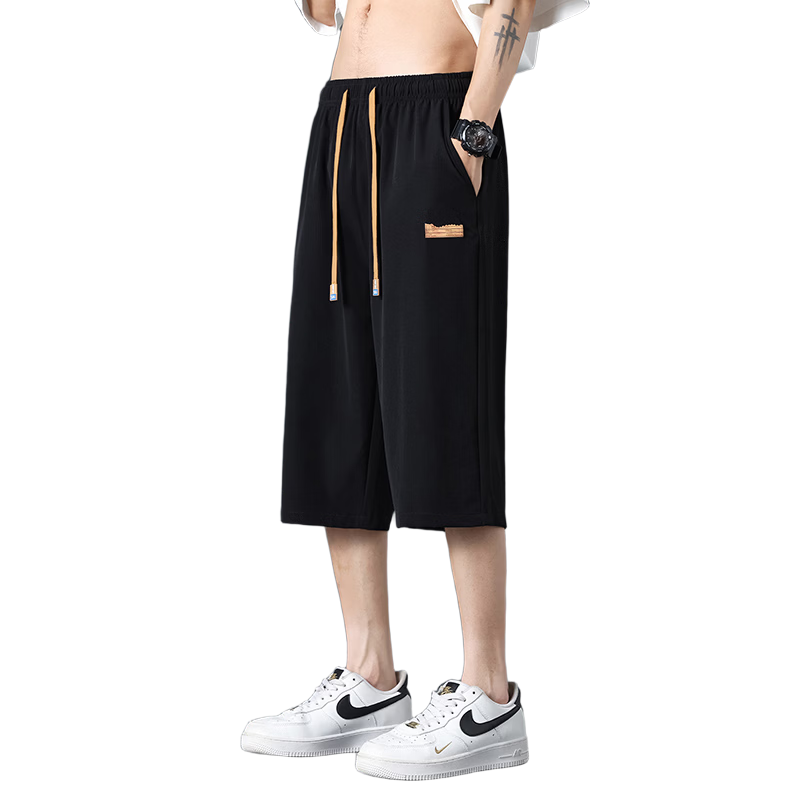 Cotton Casual Men's Loose Sports Versatile Trendy Seven-Point Cool Ice Silk Shorts Black L