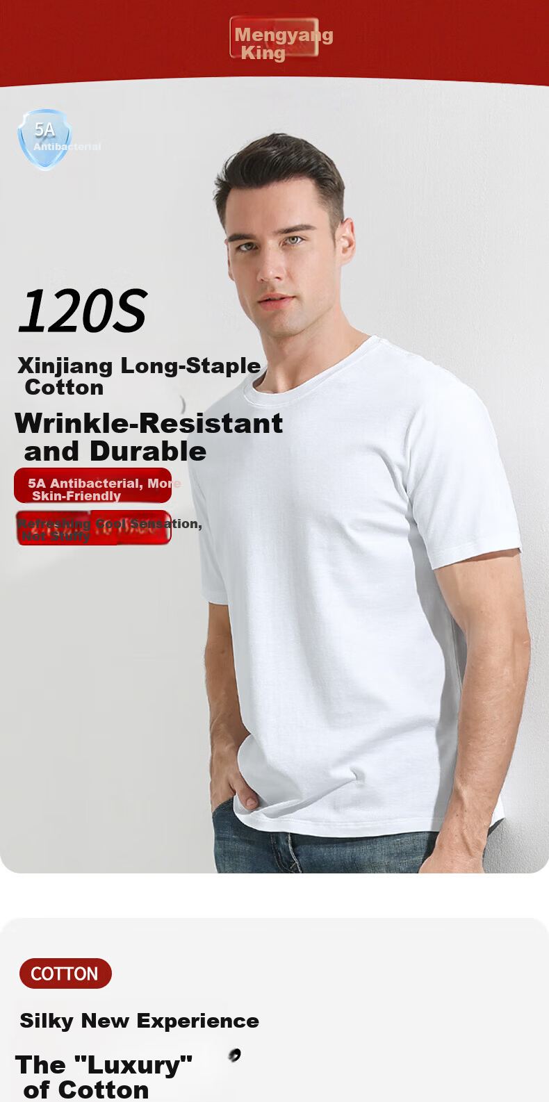 Mengyangwang Short Sleeve T-Shirt Men Xinjiang Cotton Men's Base Shirt 5A Antibacterial Crew Neck White Small T-Shirt Wearable Gray L 1