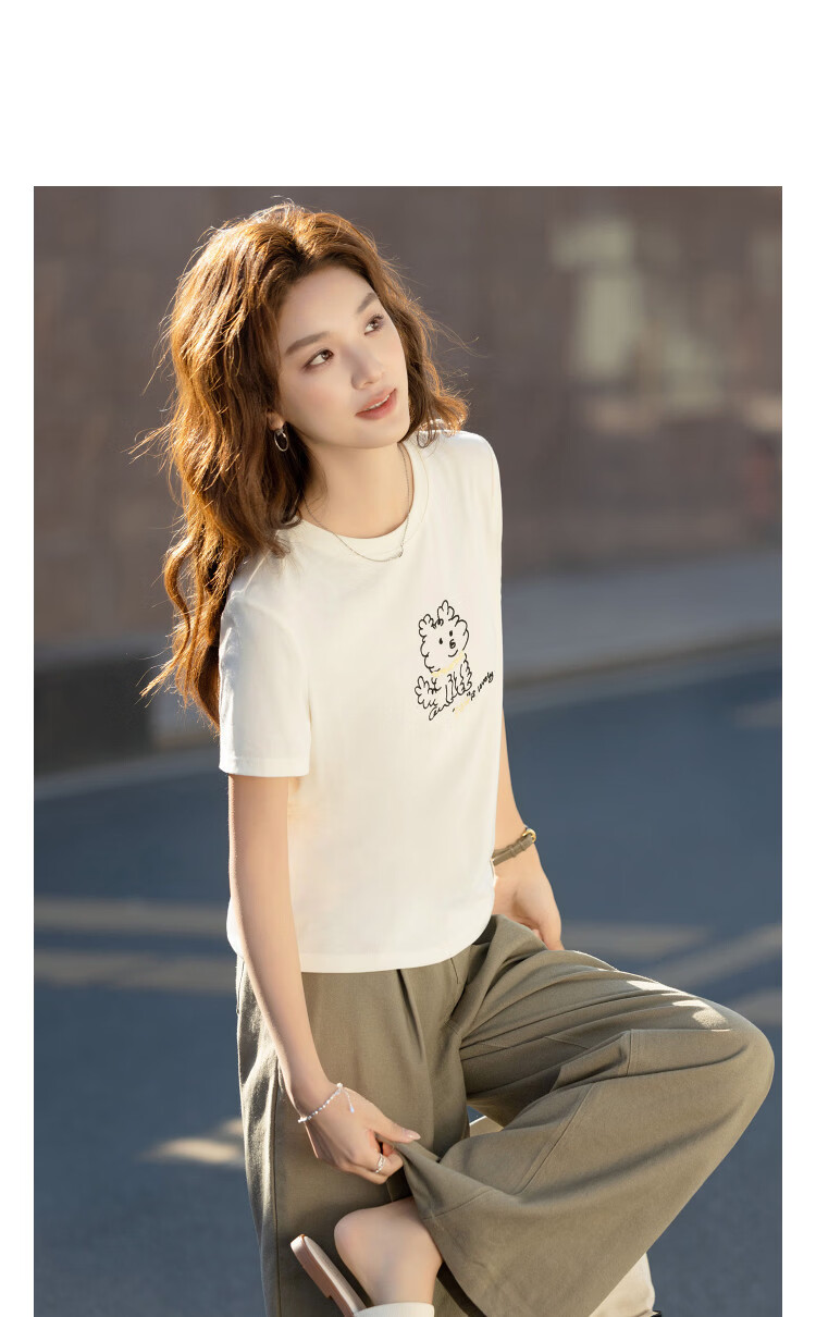 Demana [with Lyocell] Summer Crew Neck Puppy Line Print Short Sleeve High Elastic Slim Fit T-Shirt for Women Premium Feel 11
