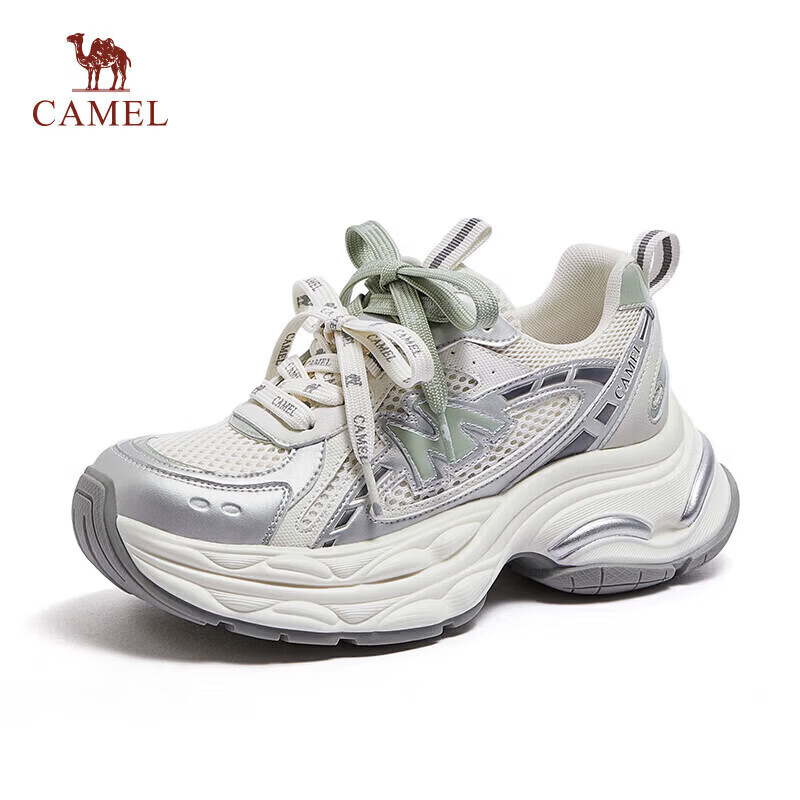 CAMEL Galaxy 3rd Generation Dad Shoes Women Colorblock Patchwork Height Increasing Outdoor Casual Shoes L26S283014 Beige/Silver/Green Size 35