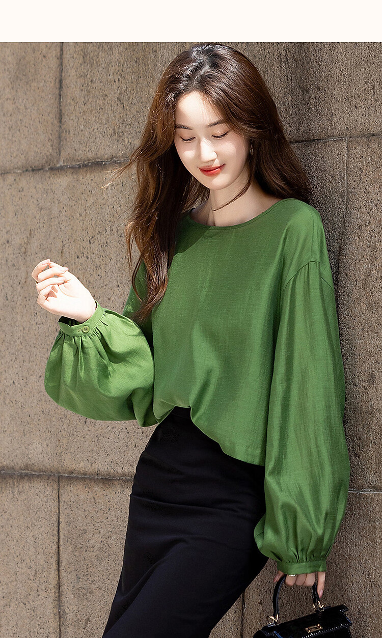Demana [Shu Yang Pai] Spring and Autumn Acetate Linen Lyocell Blend Lantern Sleeve Straight Loose Shirt for Women 15
