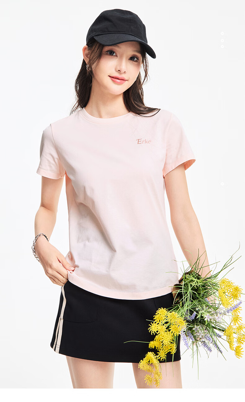 Erke Women's Summer Short Sleeve T-Shirt, Round Neck Knitted Slim Fit Cotton Top 2