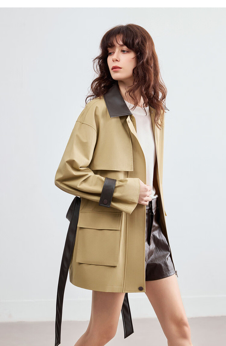 Demana Pure Cotton Barn Style Autumn Color-Block Lapel Splicing PU Patch Pocket Loose Slim Fit Women's Jacket Premium Quality 16
