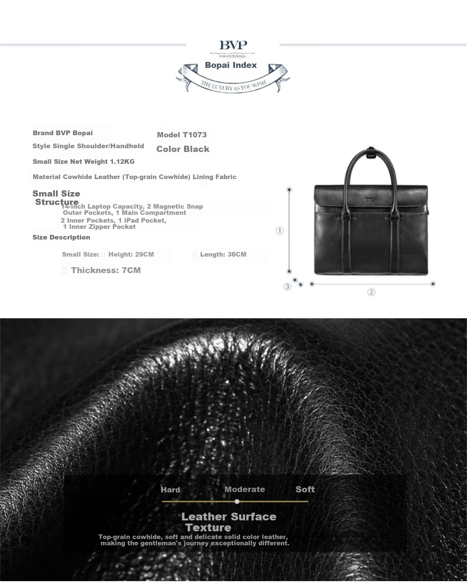 BVP Business Casual Leather Briefcase for Men Large Capacity Laptop Bag Shoulder Crossbody Bag 24