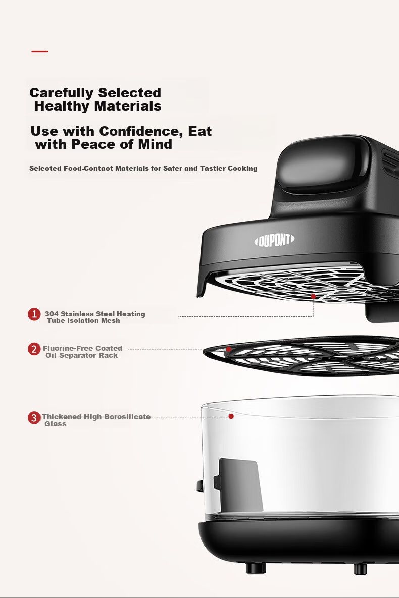 DU PONT Air Fryer 2026 New Model High Borosilicate Glass 0 Coating Visible Multifunctional Electric Fryer Non-stick Easy Clean Electric Oven Fryer and Roaster 4.5L No Flip 4