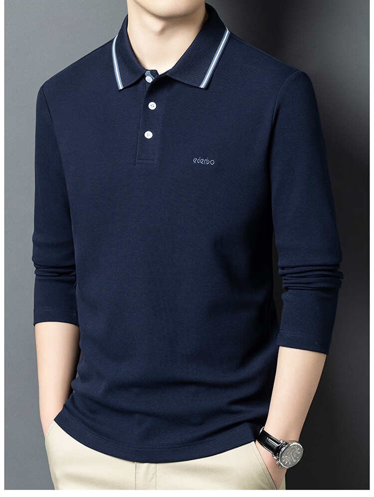 Edenbo Long Sleeve Polo Shirt Men Pure Cotton Simple Top Navy Blue 175/92A (XL) 15