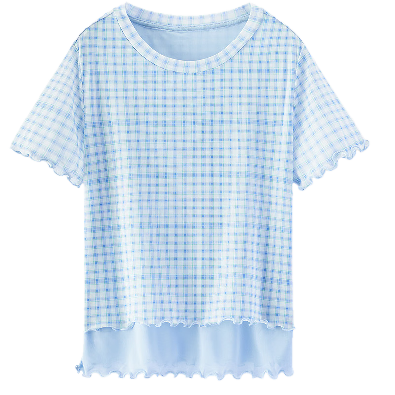 Semir Women's Short Sleeve T-Shirt Summer Short Plaid Mesh Fake Two-Piece Slim Fit 2026 Design Top 109326100013