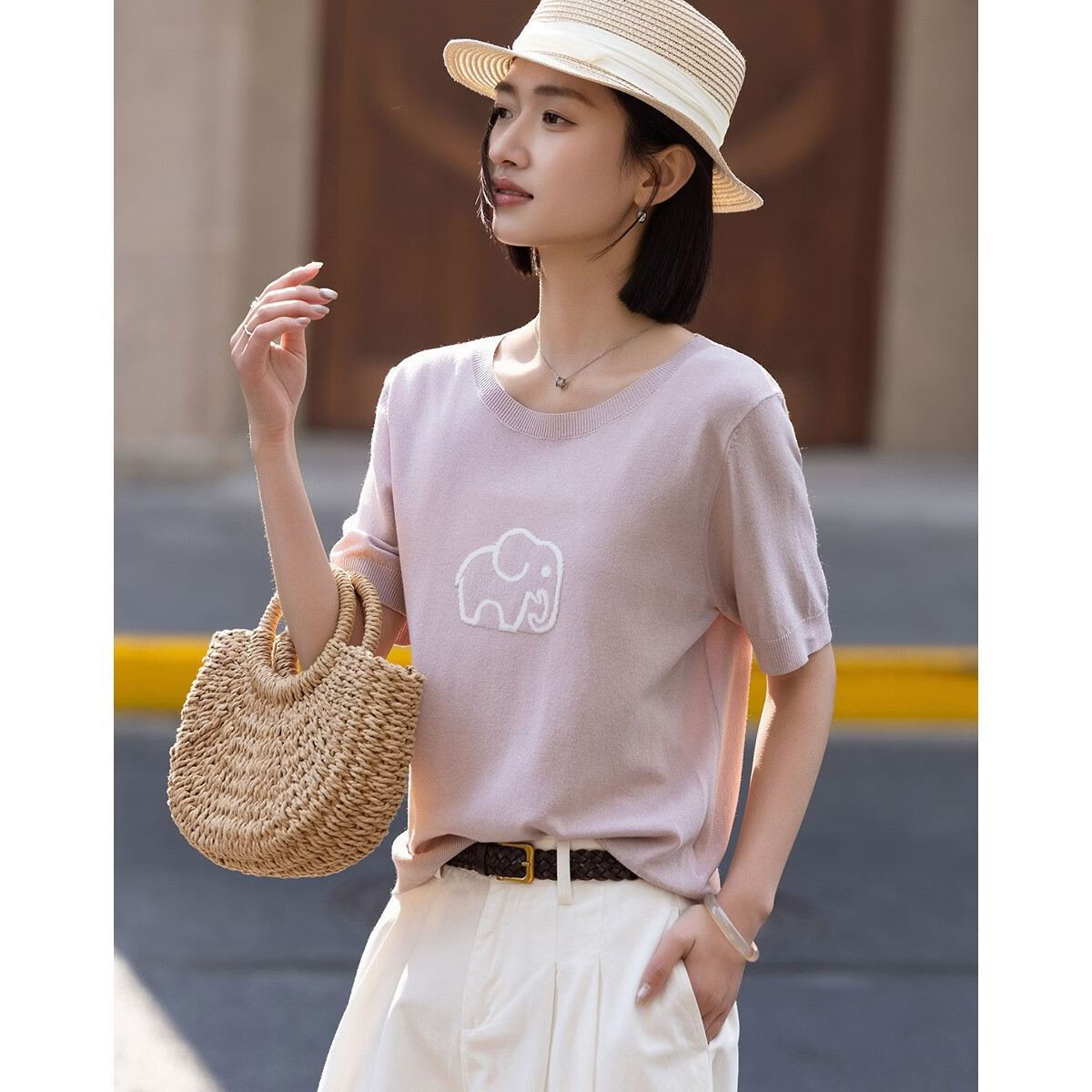 Demana [Elephant Roaming] Summer Elegant Round Neck Color-Block Jacquard Slimming Short Sleeve Knit Top for Women