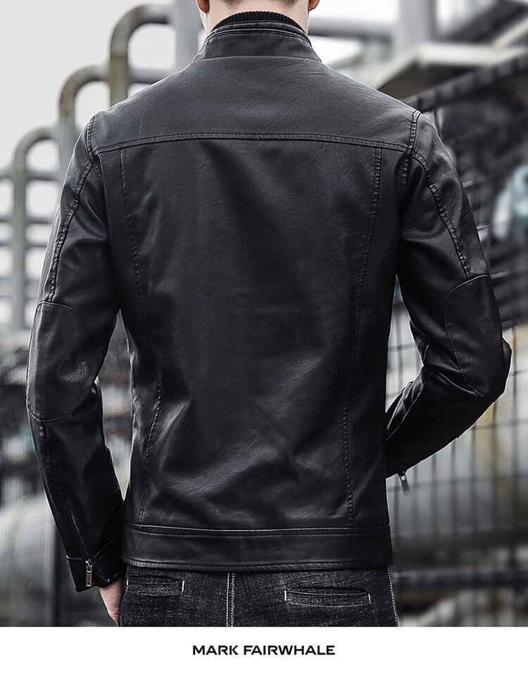 MARK FAIRWHALE Men's Leather Work Jacket Spring Autumn Stand Collar Biker Coat Coffee M 4