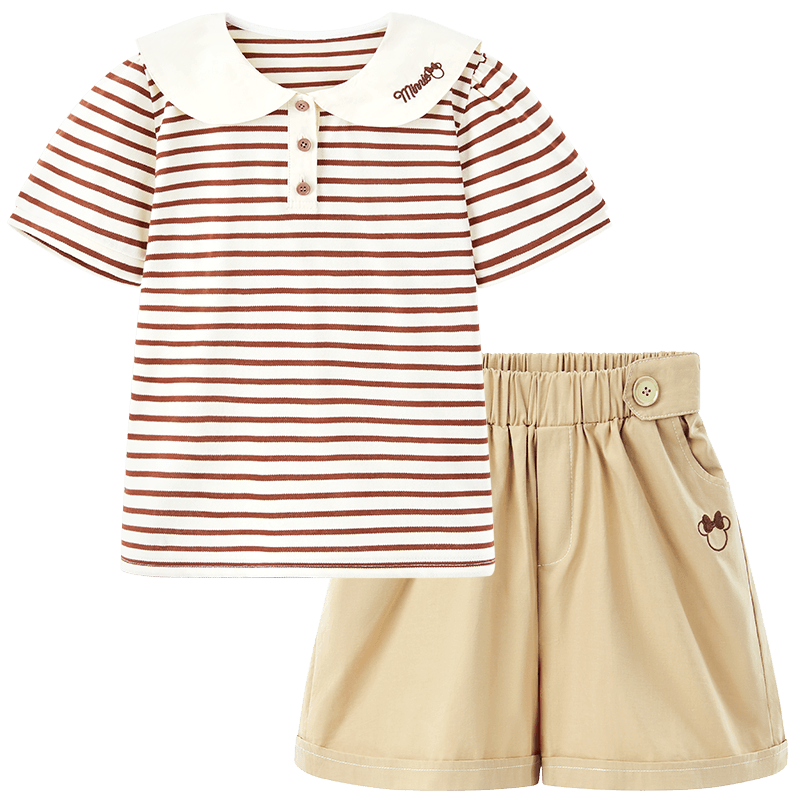 Disney Girls Summer Set Short Sleeve T-Shirt and Shorts Academy Style Two-Piece Doll Collar T-Shirt Military Green Size 120