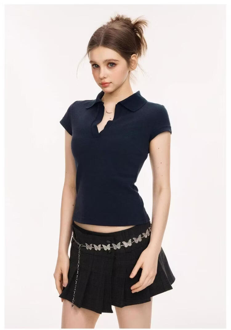 ICH MODE Vintage Polo Collar Short Sleeve T-Shirt Women 2026 Summer New Slim Fit Cropped Top White L 6