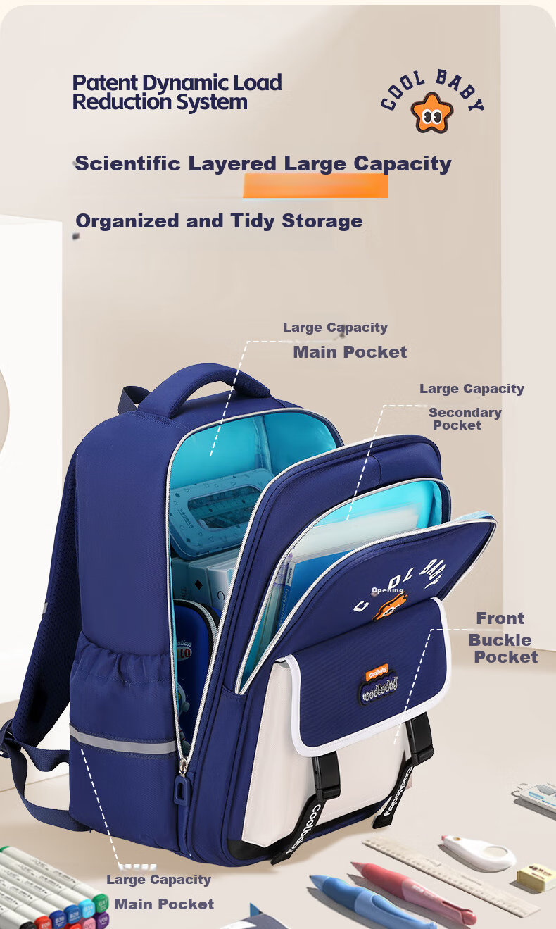 COOLBABY Primary School Backpack Kids Ergonomic Lightweight Boys Girls Grades 1-6 High Capacity Stylish Double Shoulder Bag 11