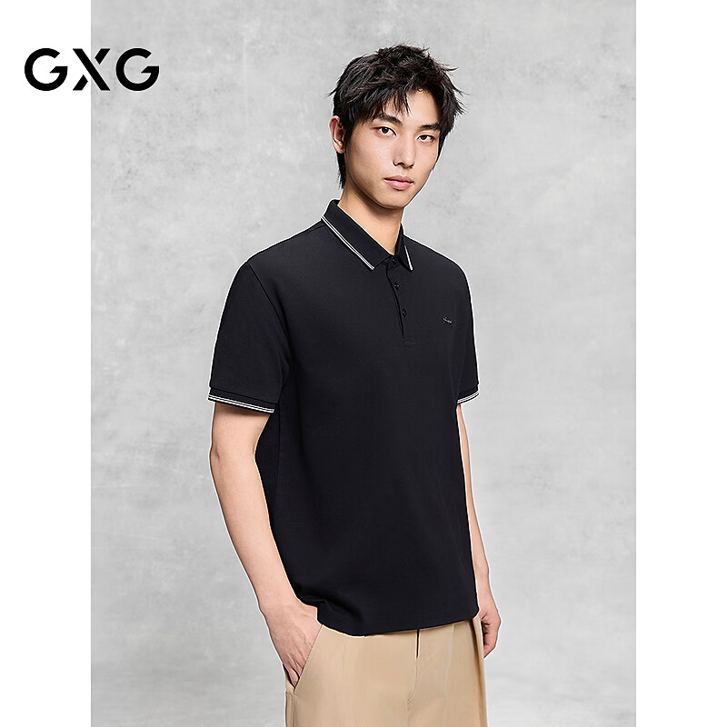 GXGGXG Men's Black Commuter Polo Shirt, Men's Turn-down Collar Short Sleeve T-Shirt, Black, 185/XXL