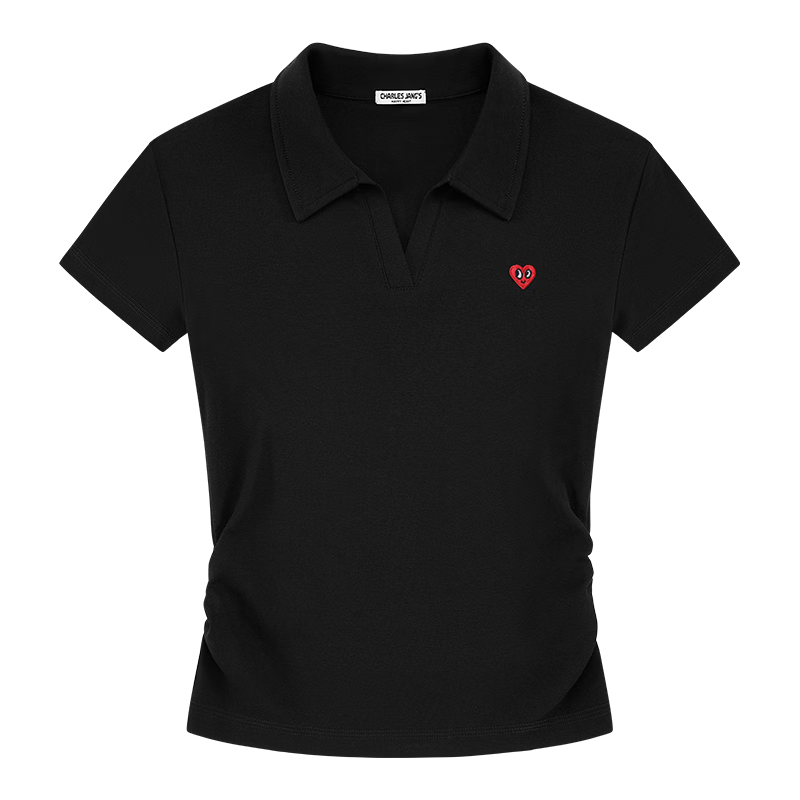 Charles Peach Heart Summer Commuter Style Solid Color Heart Logo Short Sleeve Polo Shirt for Women Simple Slim Fit Light Heather Gray S