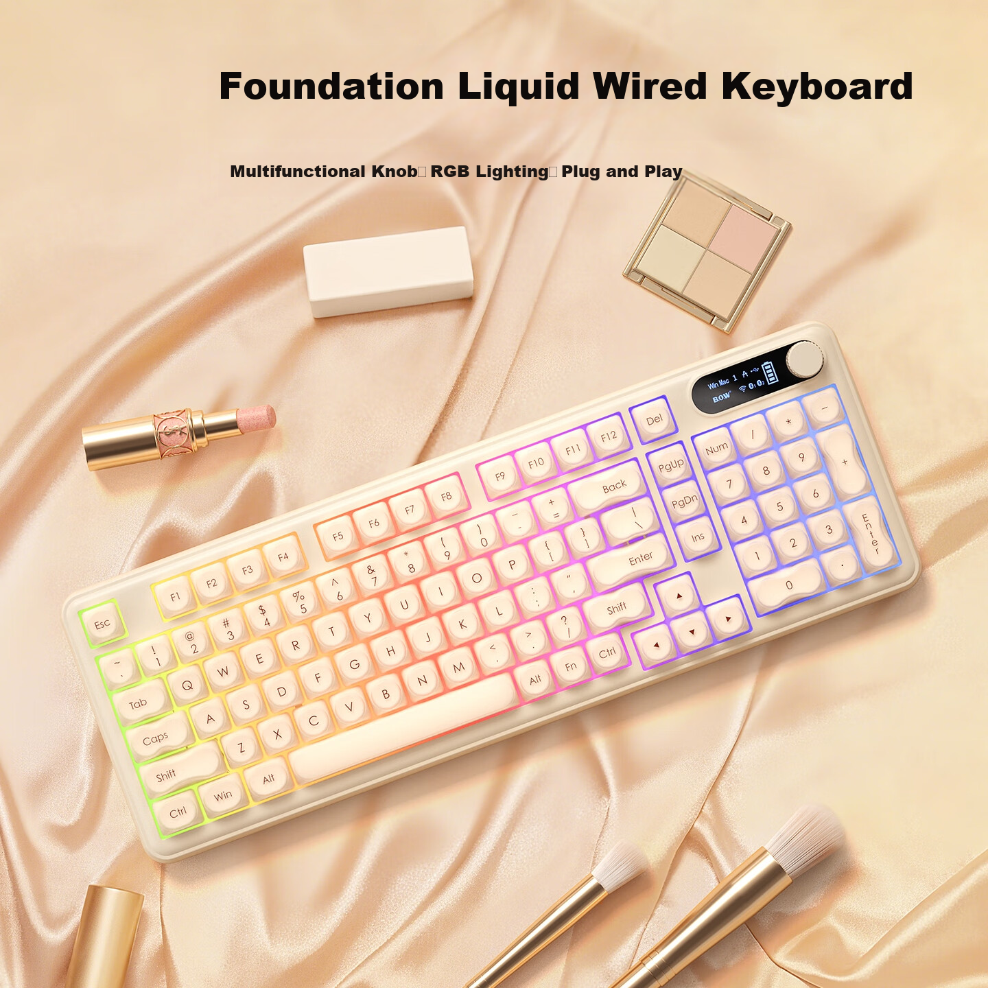 B.O.W Hangshi K960BU Wired Mechanical Feel Keyboard Foundation Liquid Apricot Color RGB Backlit Wired Keyboard for Office Gaming E-sports Female Laptop Desktop Universal
