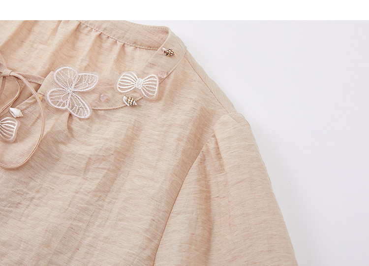 Demana [With Linen] Spring Sweet Style Ribbon Butterfly Shell Puff Sleeve Loose Fit Petite Women's Shirt 16