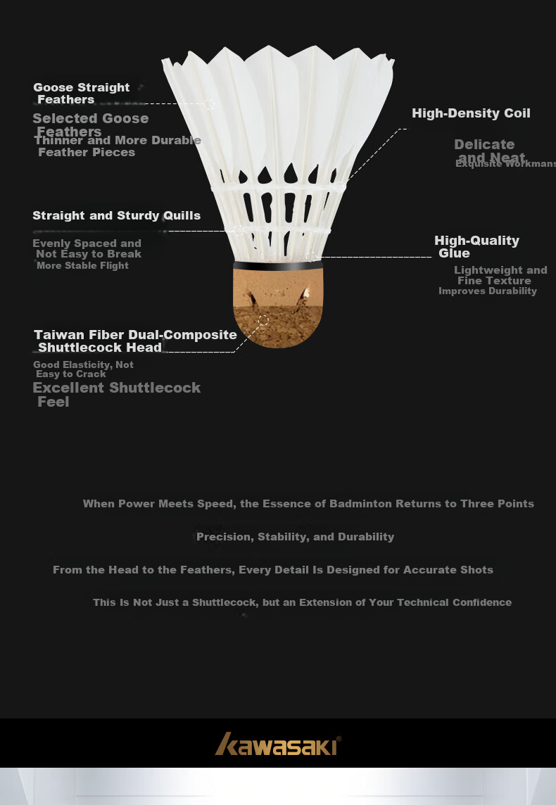 KAWASAKI Durable Feather Badminton Shuttlecock KS50 Stable Flight Training Club Goose Feather Shuttlecock Speed 77 4