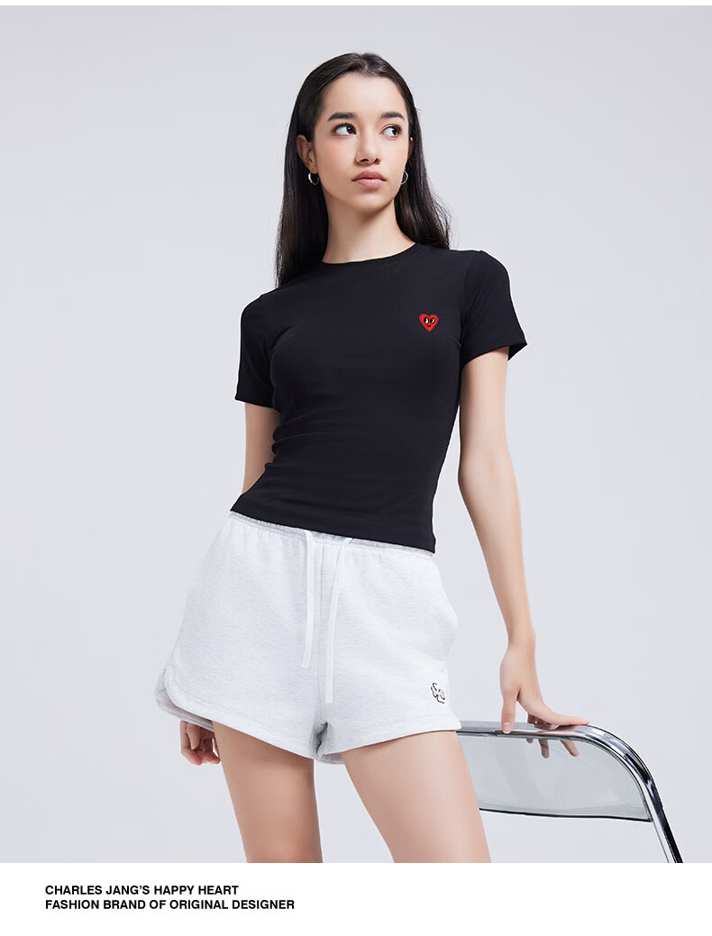 Charles Peach Heart [Wang Churan Same Style] Summer New Slim Fit Waist T-Shirt for Women Black XXF 5