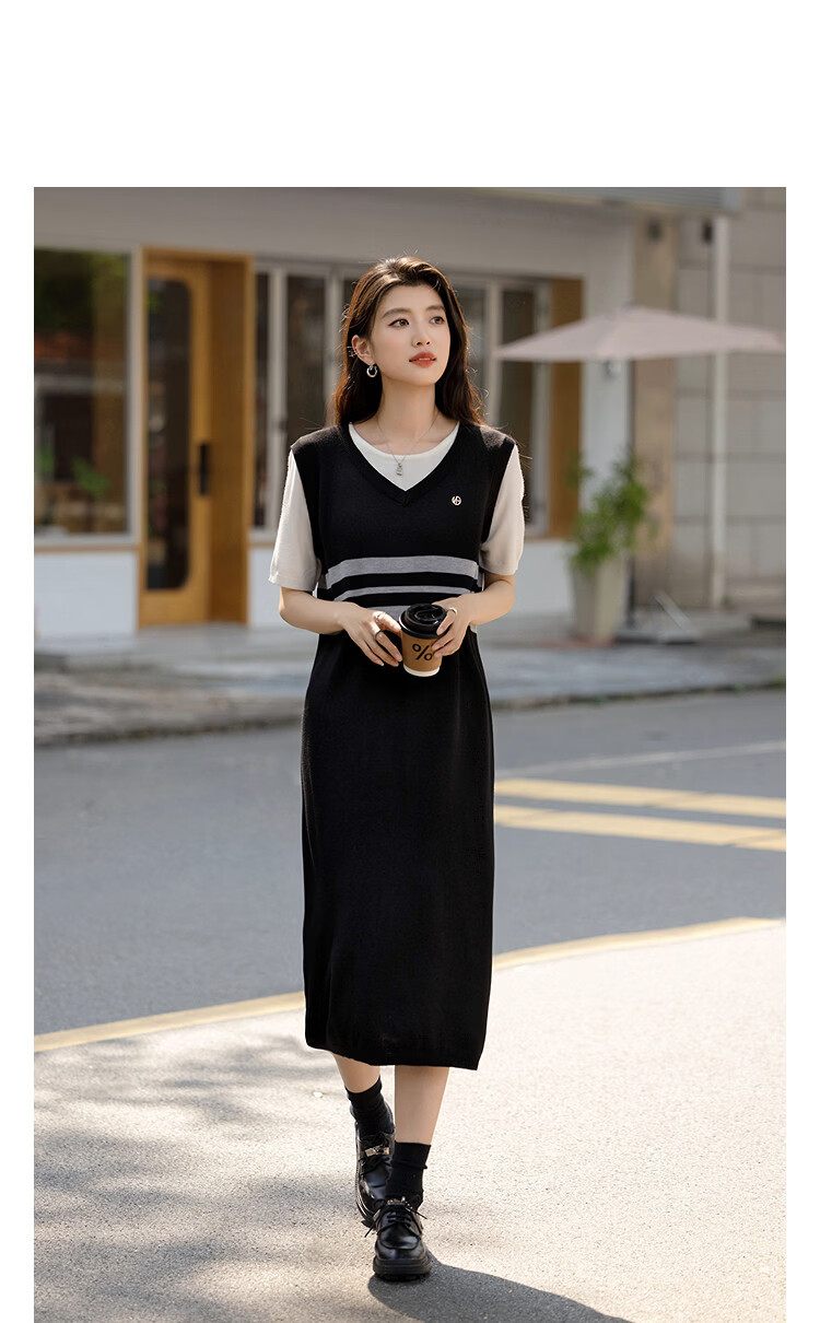 Demana [Mulberry Silk and Wool Blend] Spring Faux Two-Piece Short Sleeve T-Shirt Dress Slim Fit Women's Set 11
