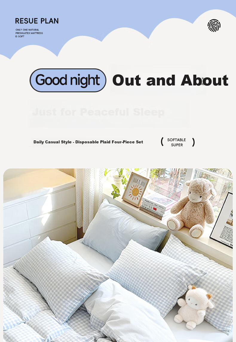Qihaiqiu Disposable 3-Piece Bedding Set Thickened Sheet Duvet Cover Pillowcase Portable Single Hotel Travel Business Blue Gray Plaid 1