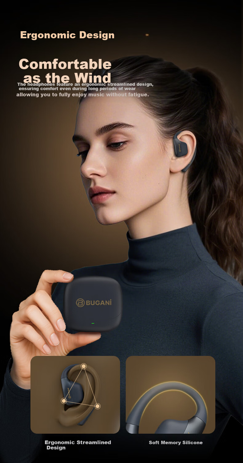 BUGANI Fit B18 Bluetooth Earphones Ear-Hook Open Wireless In-Ear AI Simultaneous Translation Sports Running Noise-Cancelling Ear Clips Comfortable Long Wear Black 2
