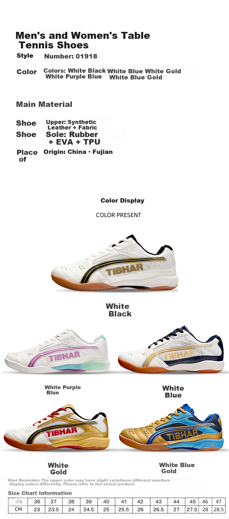 TIBHAR Professional Breathable Durable Table Tennis Shoes for Men and Women 01918 Blue Gold Size 37 9