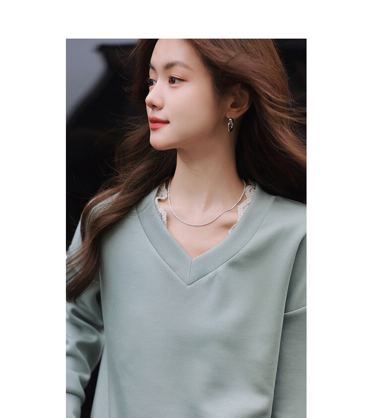 MT Morandi Series Spring Korean Style Air Layer Lace Splice V-Neck Loose Fit Slimming Women's Sweatshirt 8