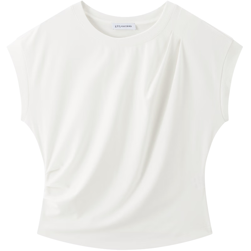 Peacebird Women's T-Shirt [5A Antibacterial] Waist Pleated Slim Fit Short Sleeve Summer Puff Sleeve Top White M