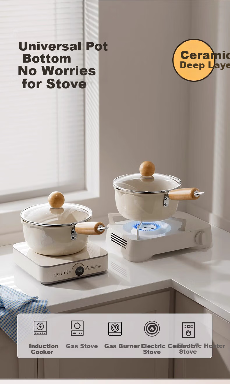 Deming Ceramic Small Milk Pot Baby Food Supplement Pot Infant Frying and Cooking Household Integrated Pot Instant Noodle Soup Pot Non-stick with Lid 16CM 5