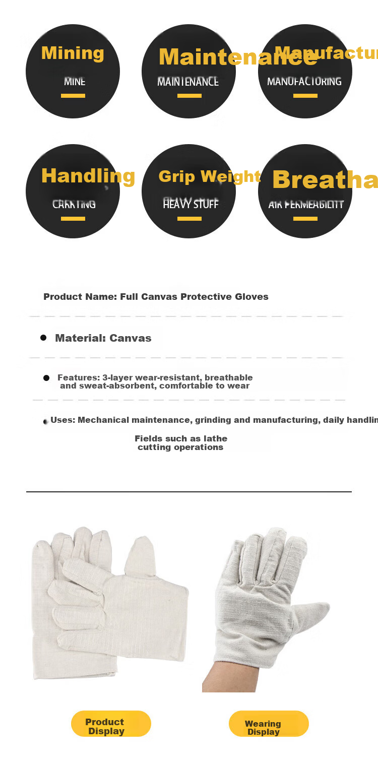 Mashifu Double-Layer Canvas Gloves 24-Stitch Wear-Resistant Tear-Resistant Work Safety Welding Protective Gloves with Lining 5 Pairs 4