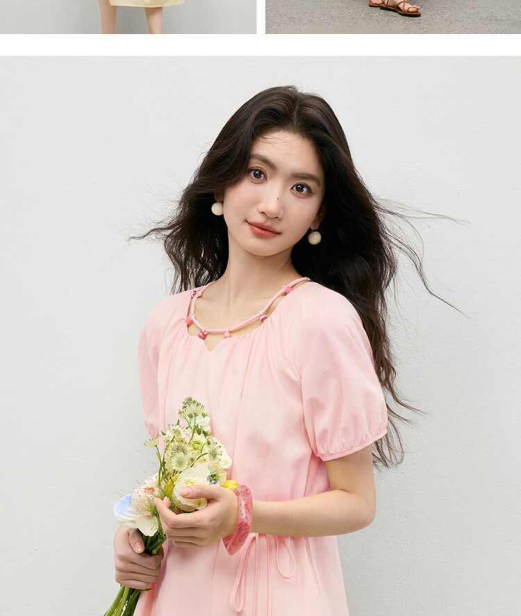 Shangdu Bira Linen Acetate Lyocell Dress Women Spring Summer Elegant Hollow Beaded Round Neck A-line Loose Slim Long Dress 21