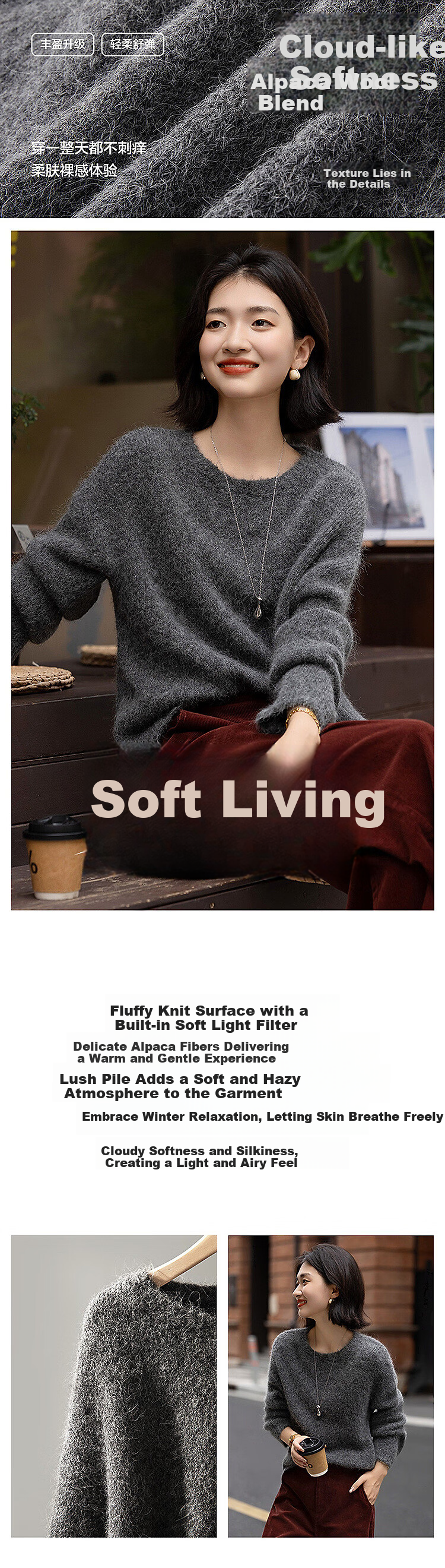 Demana Luxury Alpaca Wool Blend Winter Lazy Style Long Hair Crew Neck Soft Elegant Knit Sweater for Women 1