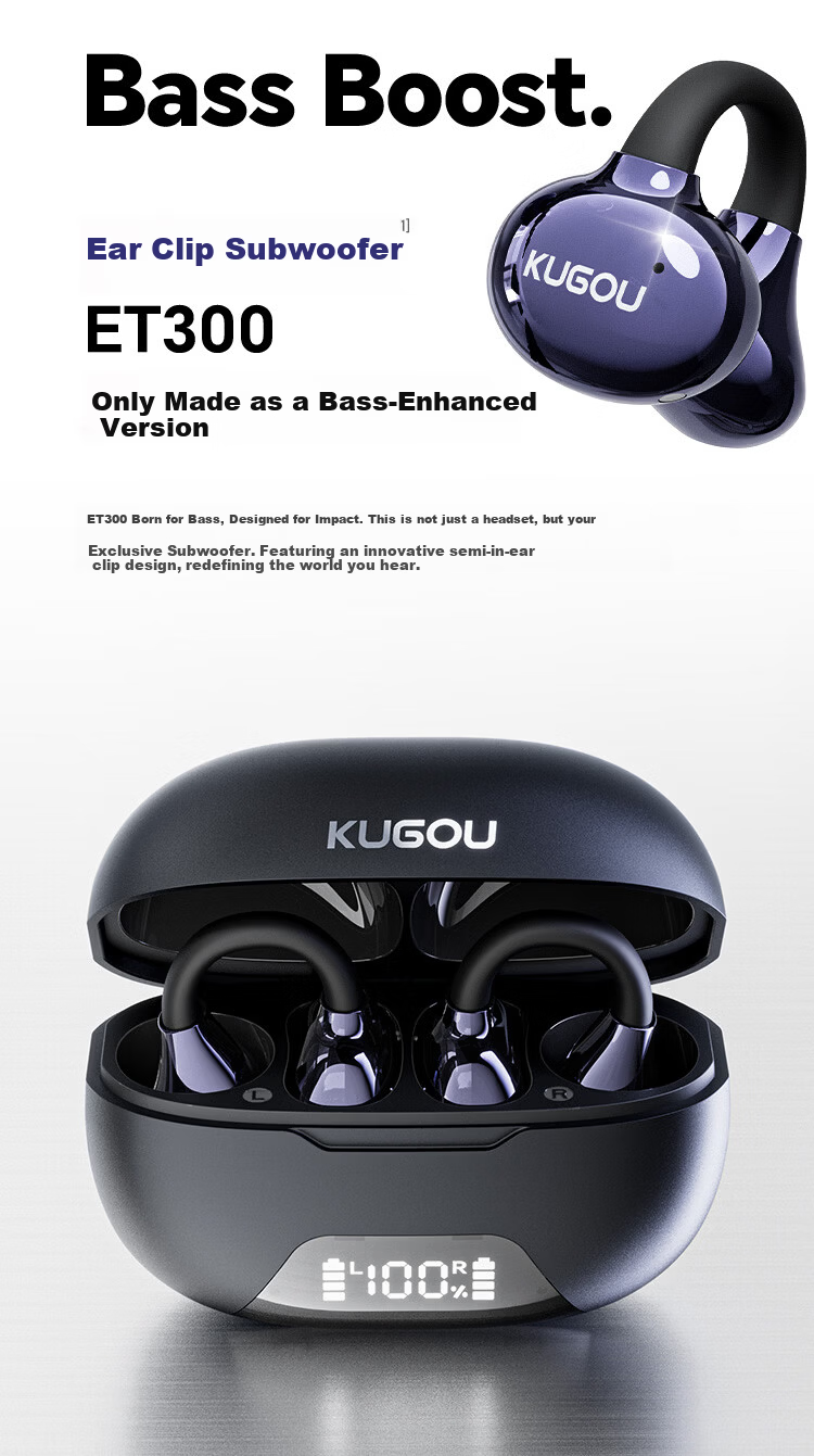 KUGOU ET300 Bluetooth 6.0 Clip-On Bone Conduction Earphones Open-Ear Wireless Sports Running Music Gaming Noise-Cancelling Long Battery Life 3