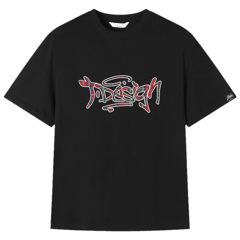 TonLion [Guan Xiaotong Same Style] Tang Lion 2026 Summer Women's Short Sleeve T-Shirt Trendy Plaid Black Loose Top