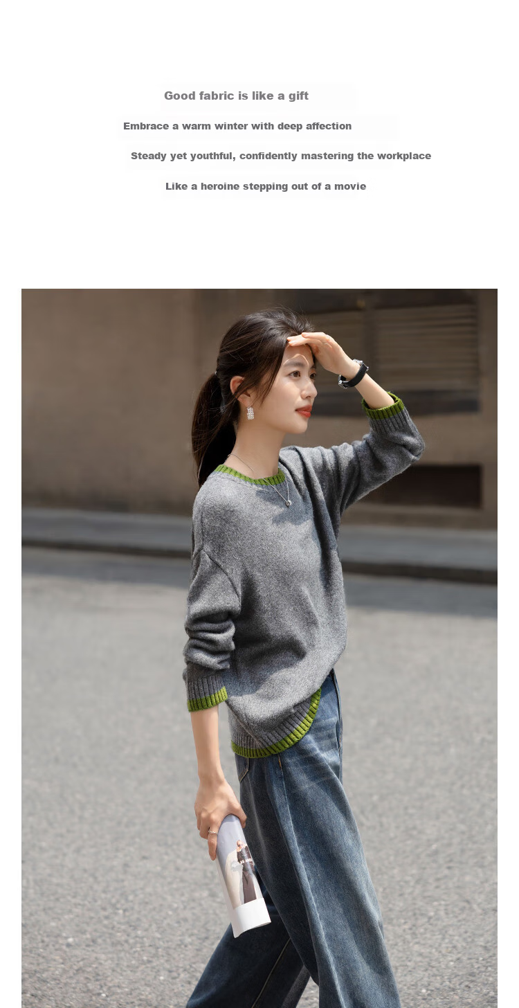Demana【Voluminous Fluffy Wool】Winter Simple Style Embroidered Colorblock Crewneck Loose Knit Sweater for Women 2