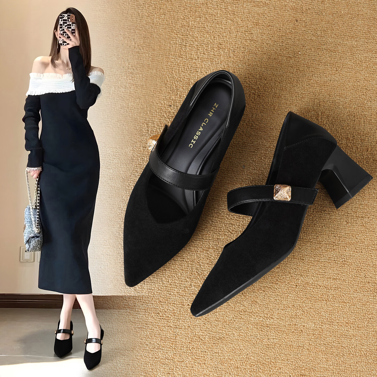 ZHR Pointed Toe Mary Jane Shoes for Women 2026 Spring New Thick Heel Suede Retro Versatile High Heels BL701 Black Size 34