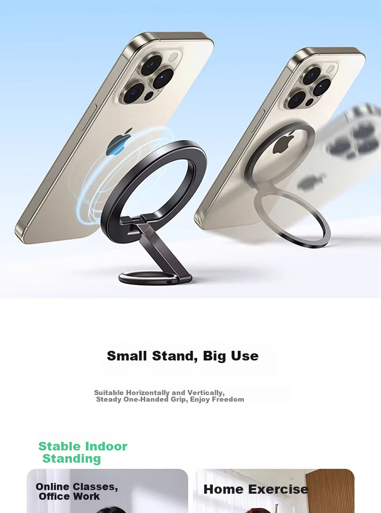 ESCASE Magnetic Ring Holder Phone Stand Magsafe 360° Rotatable Desktop Foldable Portable Alloy Support Compatible with Apple 17/16Pro ES-17 Titanium Gray 1