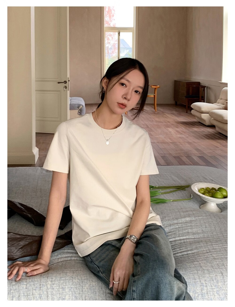 ICH MODE Minimalist Paper Doll Short Sleeve Women's T-Shirt Summer Simple Cool Base Shirt Solid Color White S 22