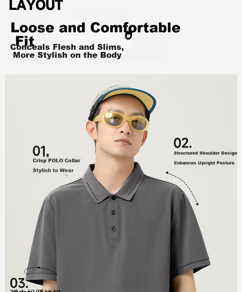 JEEP SPIRIT Men's Polo Shirt Summer Casual Business Quick-Dry Breathable Short Sleeve T-Shirt Light Gray 2XL 13