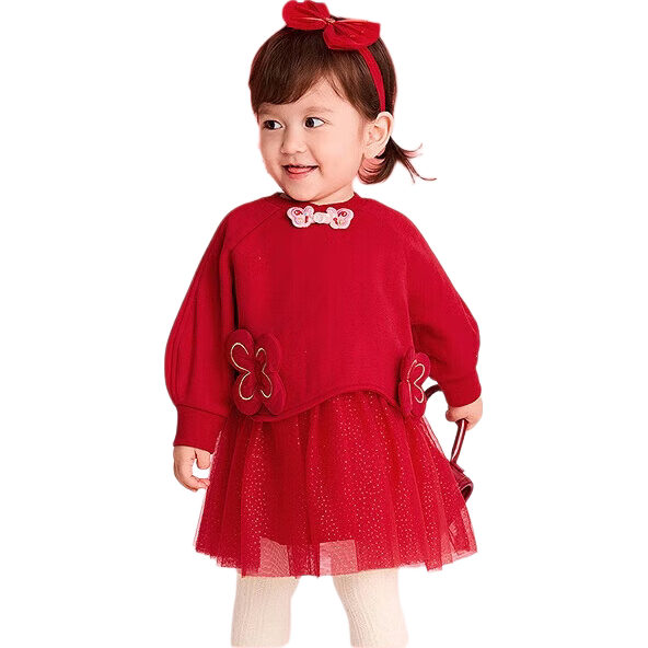 BALABALA 【balaOne】 Girls' New Chinese Style Mesh Splice Red New Year Festival Dress