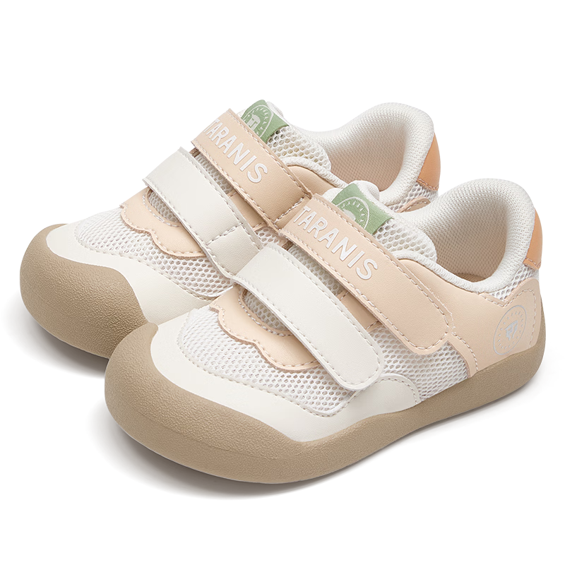 TARANIS Baby First Walking Shoes Spring New Anti-Kick Soft Sole Lightweight Toddler Shoes for Boys and Girls White/Apricot Size 24