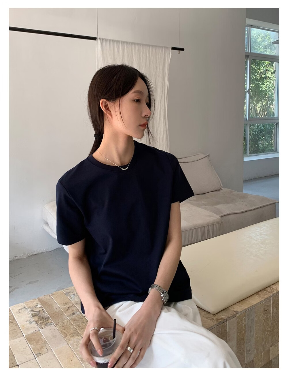 ICH MODE Minimalist Paper Doll Short Sleeve Women's T-Shirt Summer Simple Cool Base Shirt Solid Color White S 29