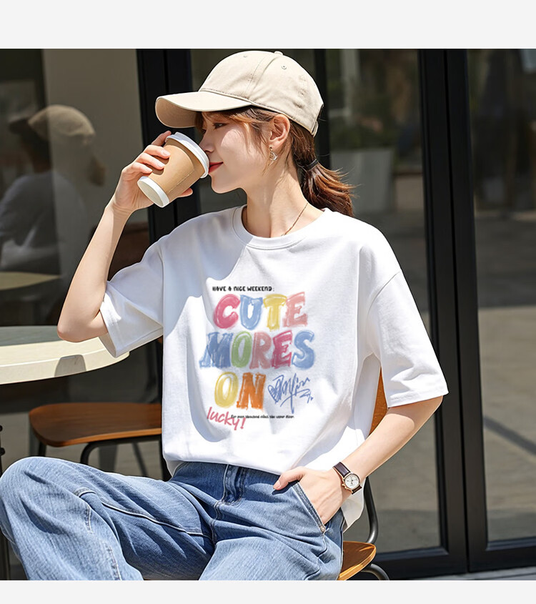 TonLion 2025 Women's Crew Neck Graffiti Text Cotton Short Sleeve T-Shirt Apricot Batch S 20