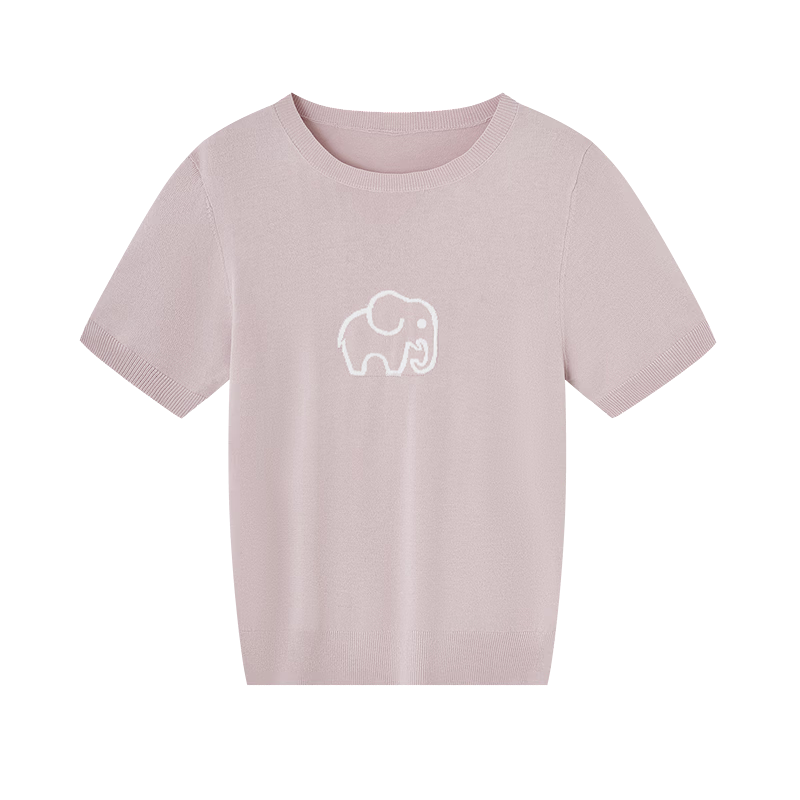 Demana [Elephant Roaming] Summer Elegant Round Neck Color-Block Jacquard Slimming Short Sleeve Knit Top for Women