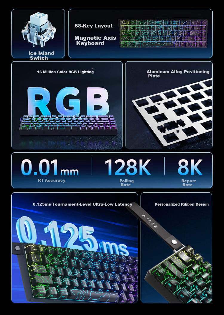 AJAZZ AK680V2 Magnetic Axis Customizable RGB Gaming Keyboard 8K Report Rate RT0.01 Valorant 68-Key Black Ice Island Switch 2