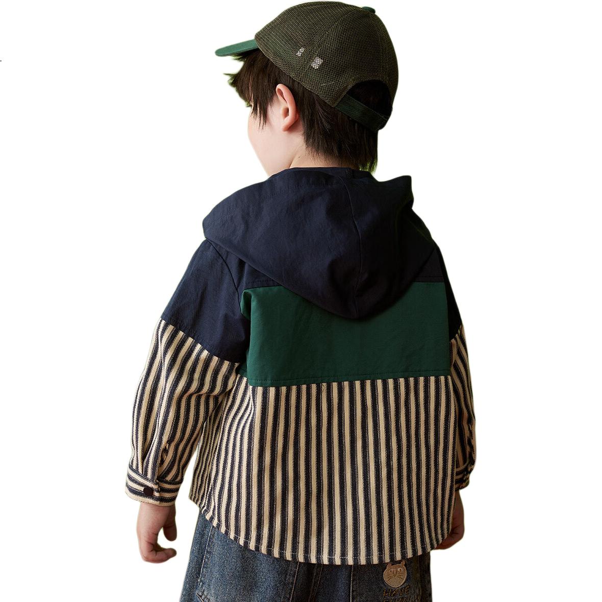 ASK JUNIOR Children's Outerwear, Boys' Autumn Jacket, Toddler Striped Patchwork Color-Block Casual Hooded Coat, Navy Blue, Size 100