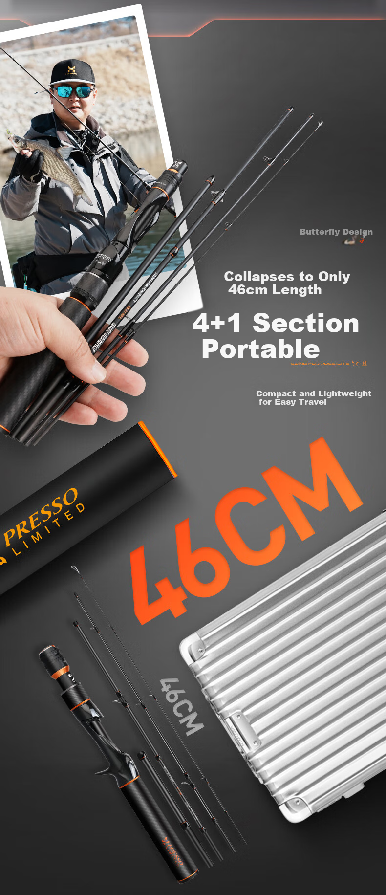HISTAR 2.13m/2.28m Straight Handle ML [Adjustable Length] Butterfly Five-Section Portable Travel Rod [Carbon Fiber Handle] 3