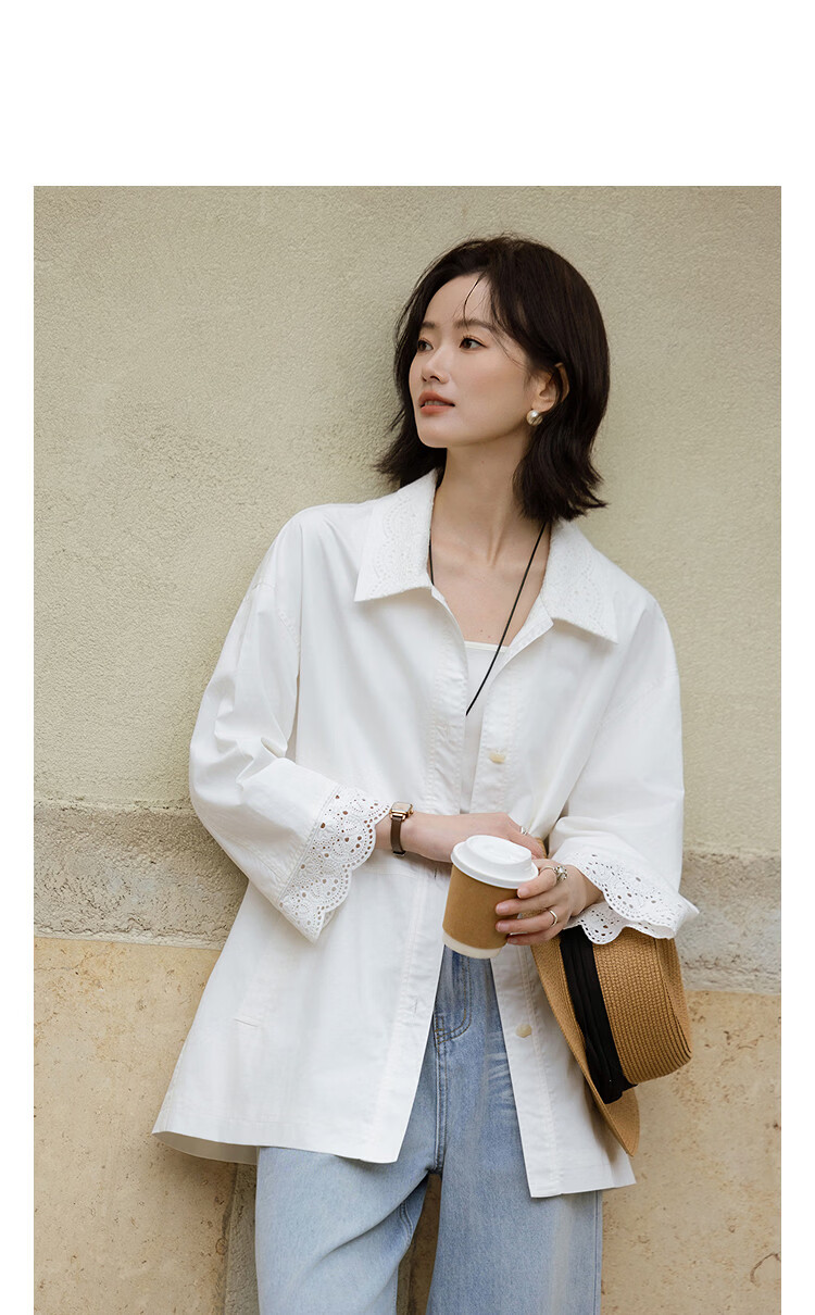 Demana Pure Cotton Wardrobe Spring Minimalist Lapel Lace Embroidered Sleeve Loose Petite Women's Jacket 11