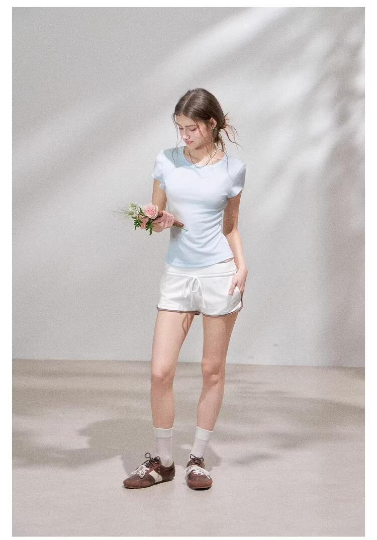 ICH MODE Lyocell Slim Fit Short Sleeve T-Shirt Women Skin-Friendly Cooling Flutter Sleeve Slimming Top Blue L 22